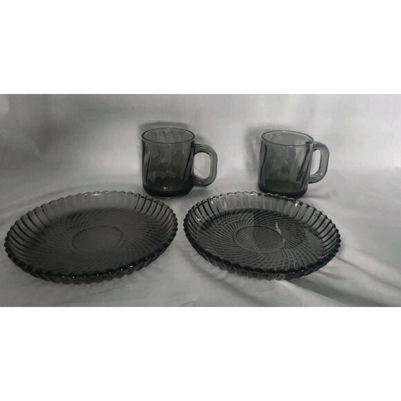 Pair of Vintage Libbey Smoke Gray Swirl Glass 7" Plate & Mug Lunch Dessert - Picture 1 of 11